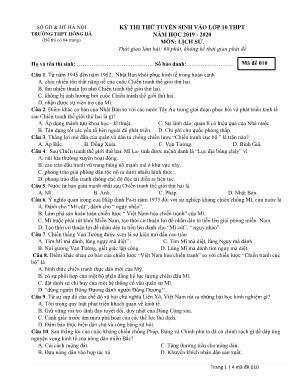 Đề thi thử tuyển sinh vào Lớp 10 THPT môn Lịch sử - Mã đề 010 - Năm học 2019-2020 - Trường THPT Hồng Hà